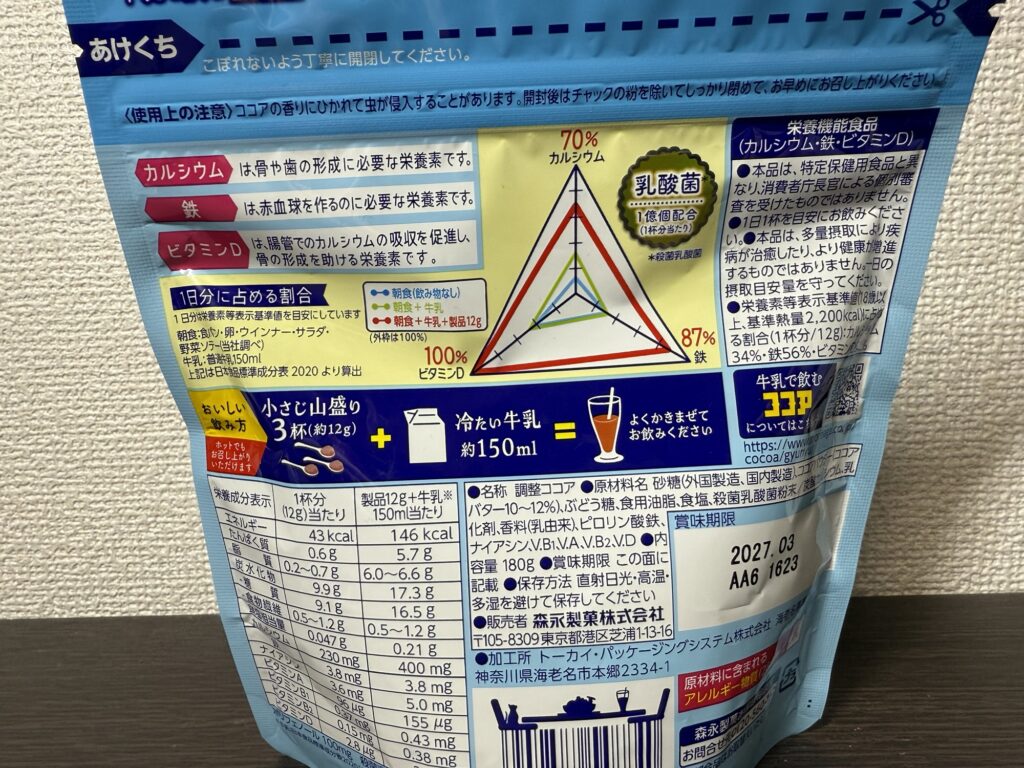 森永 牛乳で飲むココアの栄養機能食品としての特徴と対象者を解説した図