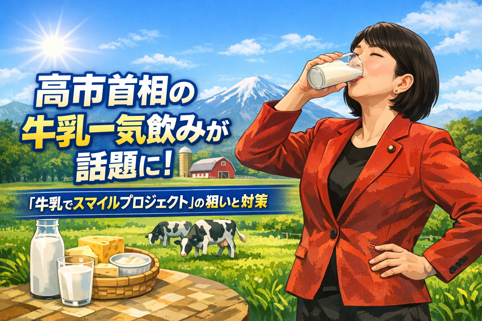 高市早苗首相が牛乳を一気飲みするPR動画が話題、牛乳でスマイルプロジェクトと年末年始の消費対策を解説するアイキャッチ画像