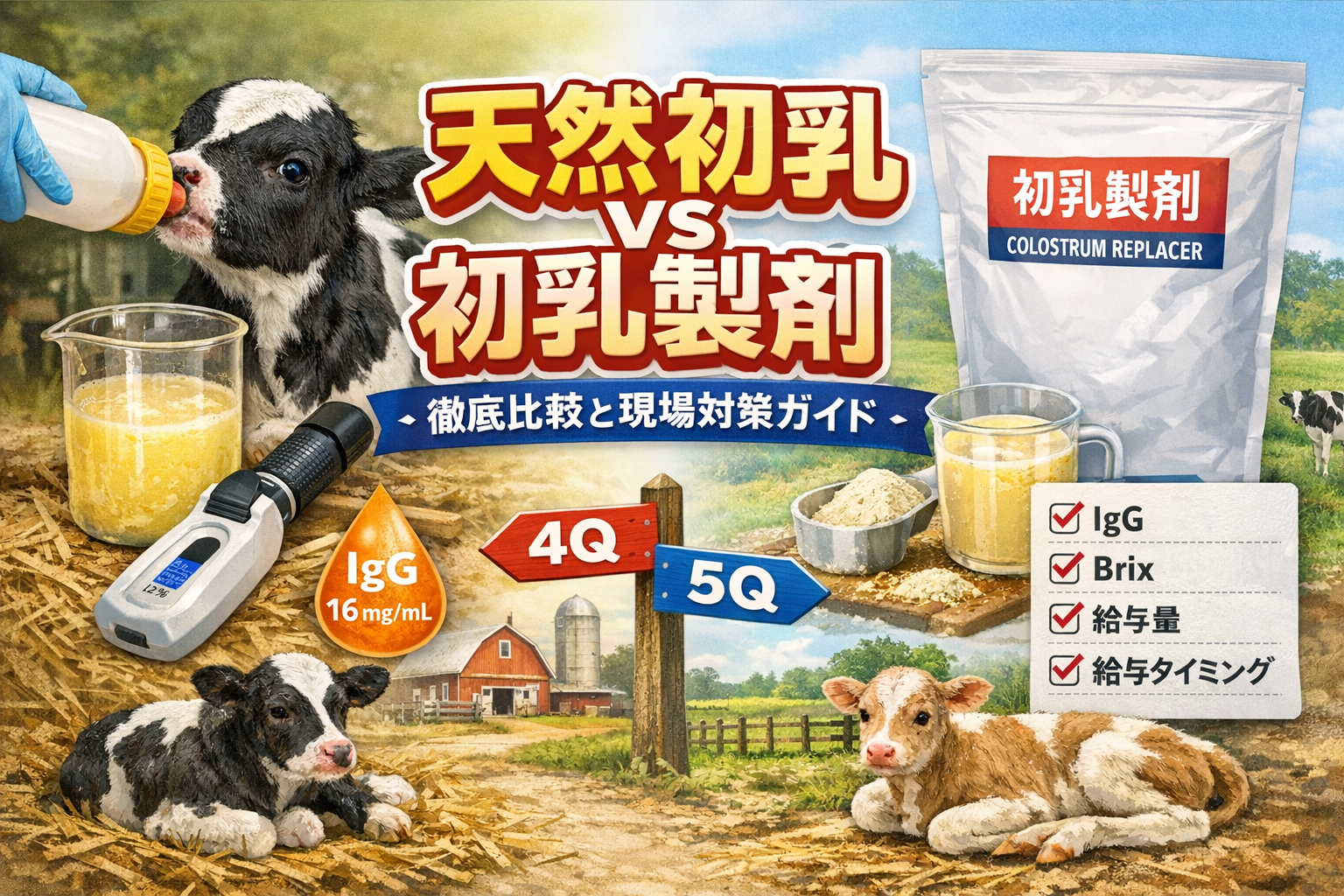 子牛の初乳管理｜天然初乳と初乳製剤の違いをIgG・Brix・給与量で比較した図解アイキャッチ