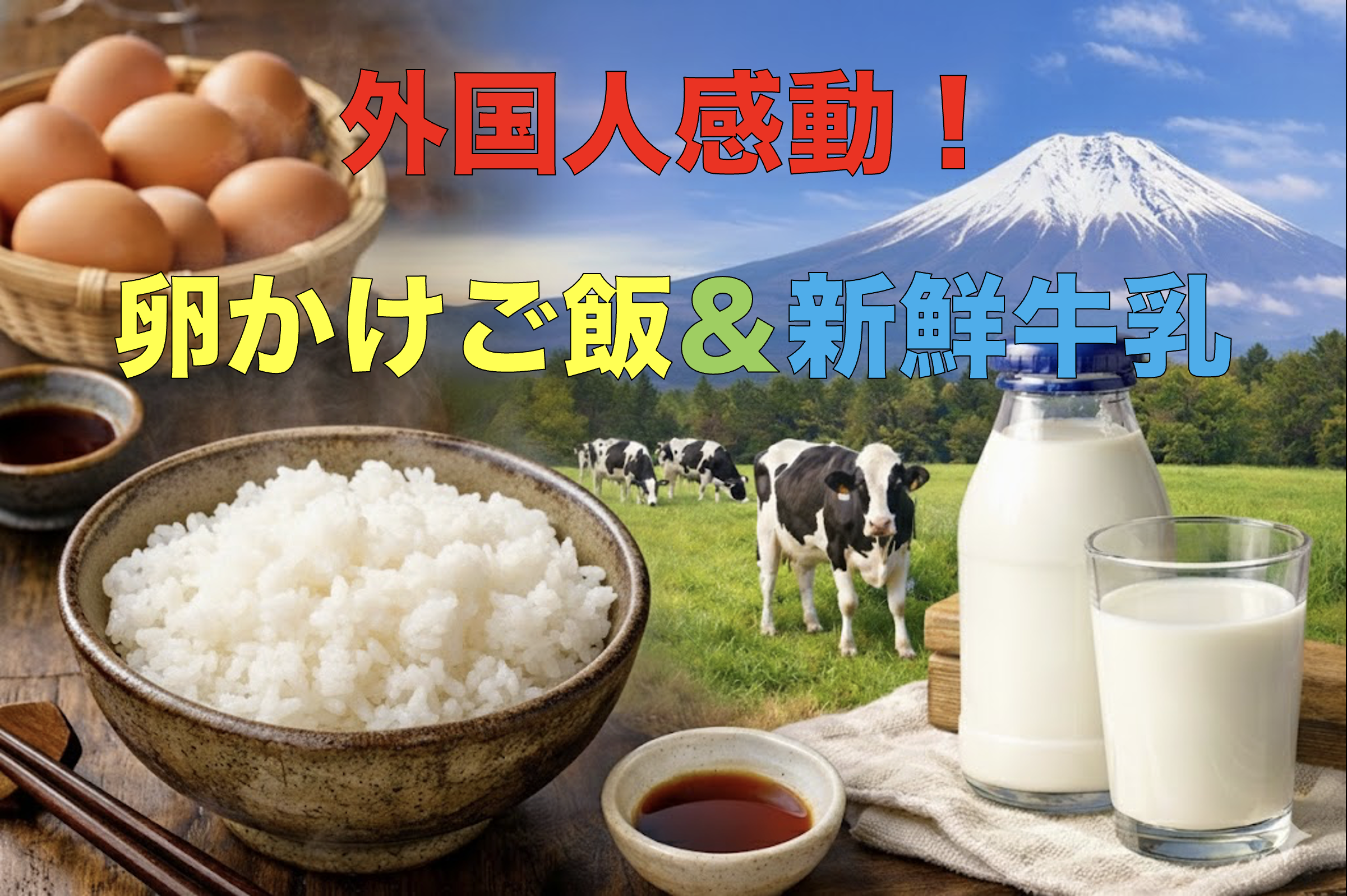 訪日外国人に人気の日本食、卵かけご飯（TKG）と新鮮な牛乳のインバウンド体験イメージ