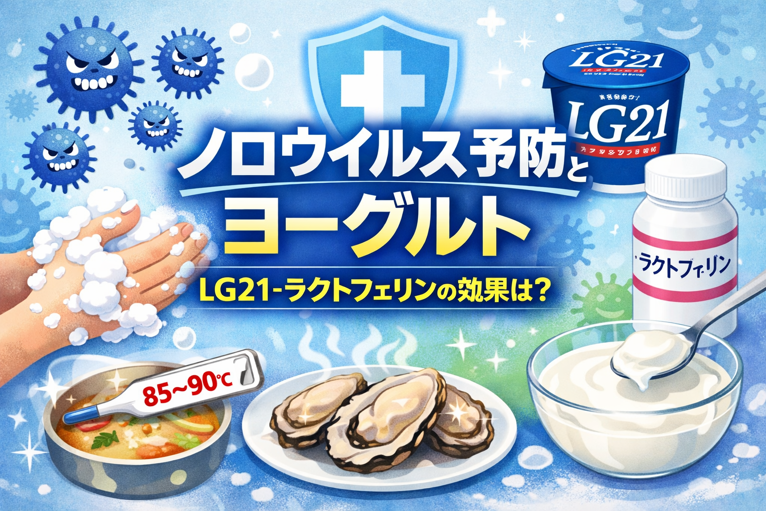ノロウイルス予防とヨーグルトの関係を解説するイメージ｜LG21・ラクトフェリンと手洗い・加熱対策