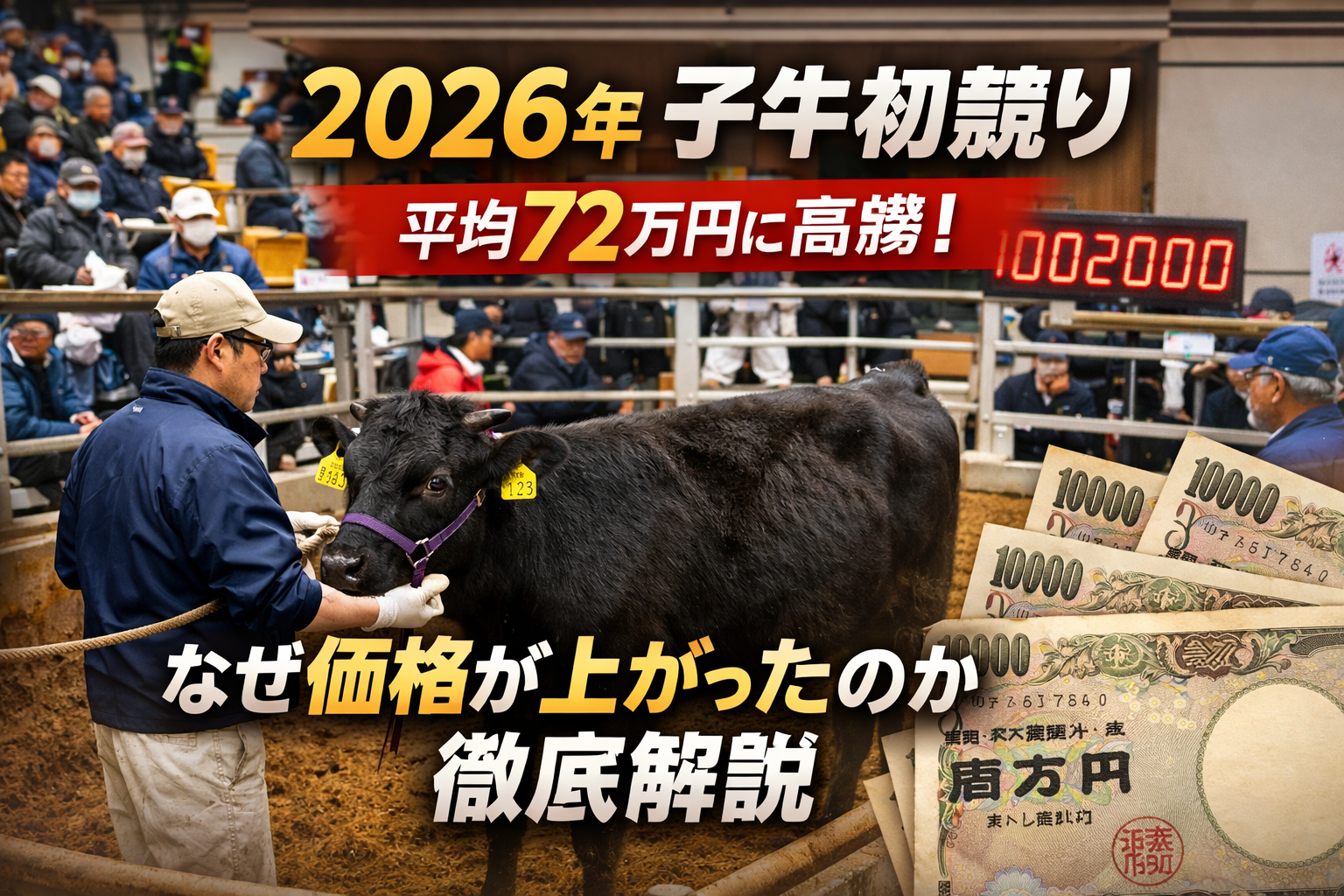 2026年子牛初競りの様子｜あきた総合家畜市場で黒毛和牛子牛が平均72万円で取引された現地風景