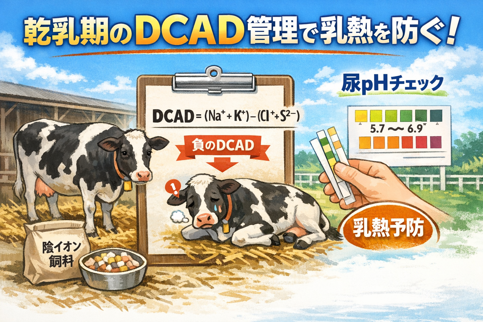 乾乳期のDCAD管理で乳熱を予防する方法と尿pHチェックを解説した図解イラスト
