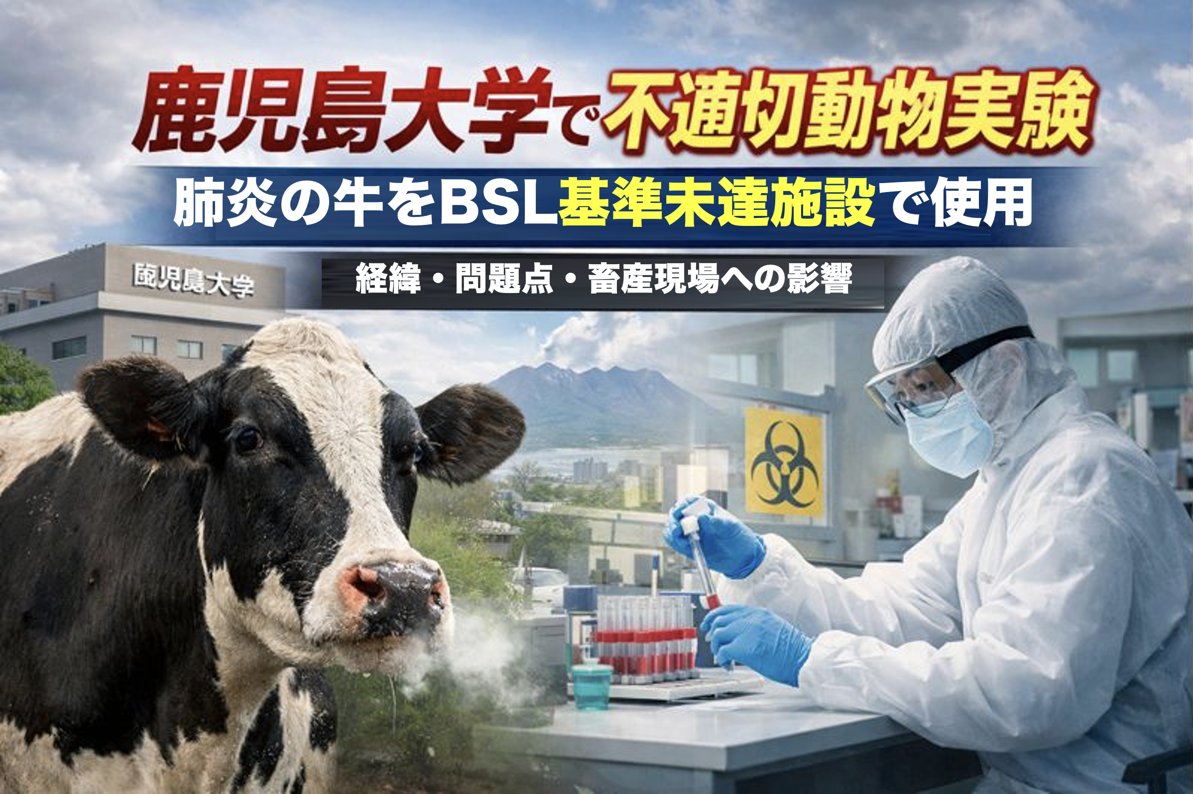 鹿児島大学で発覚した不適切動物実験問題、肺炎の牛をBSL基準未達施設で扱った事案を示すイメージ