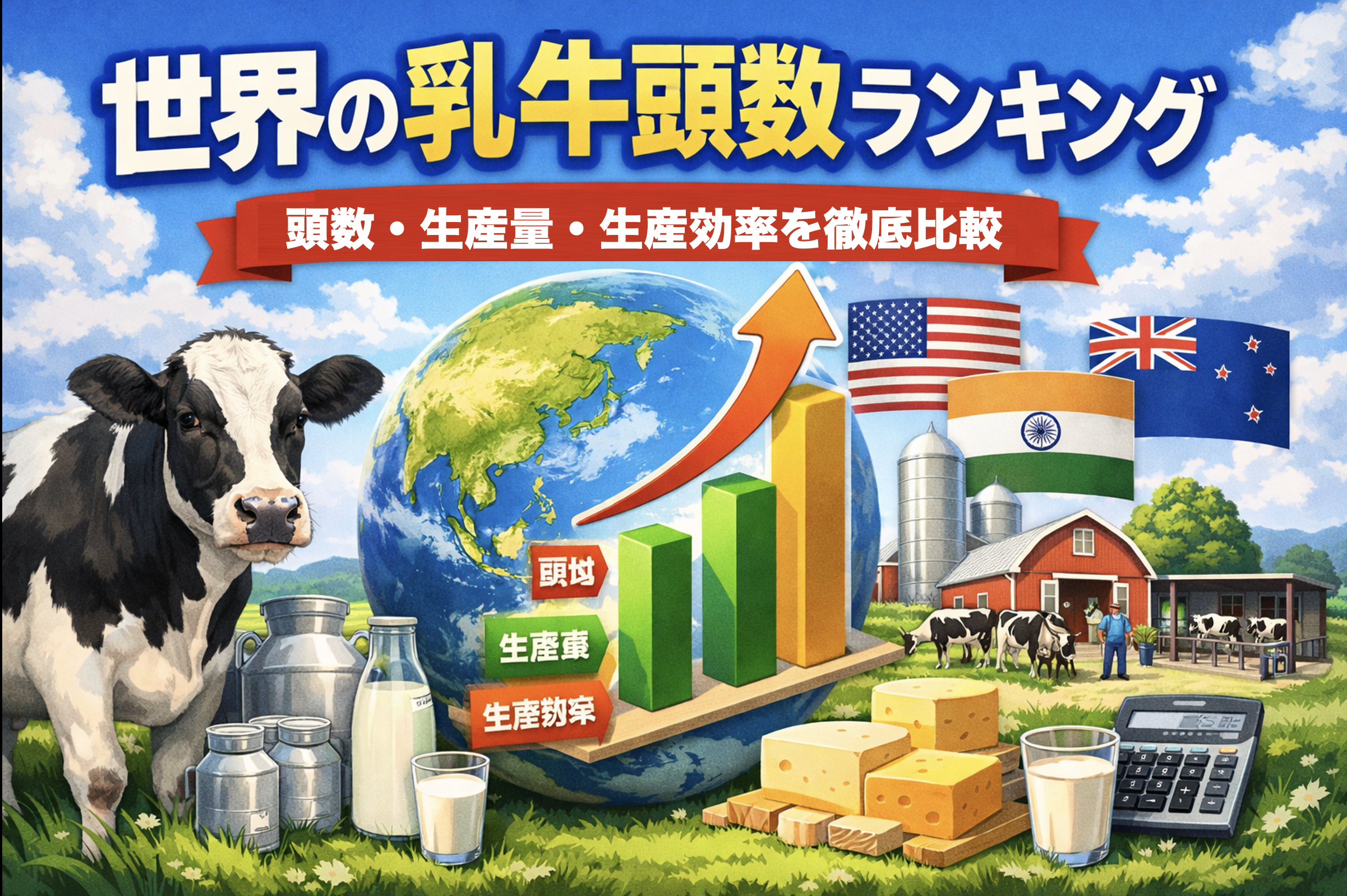 世界の乳牛頭数ランキングと国別の牛乳生産量・生産効率を比較した図解イメージ