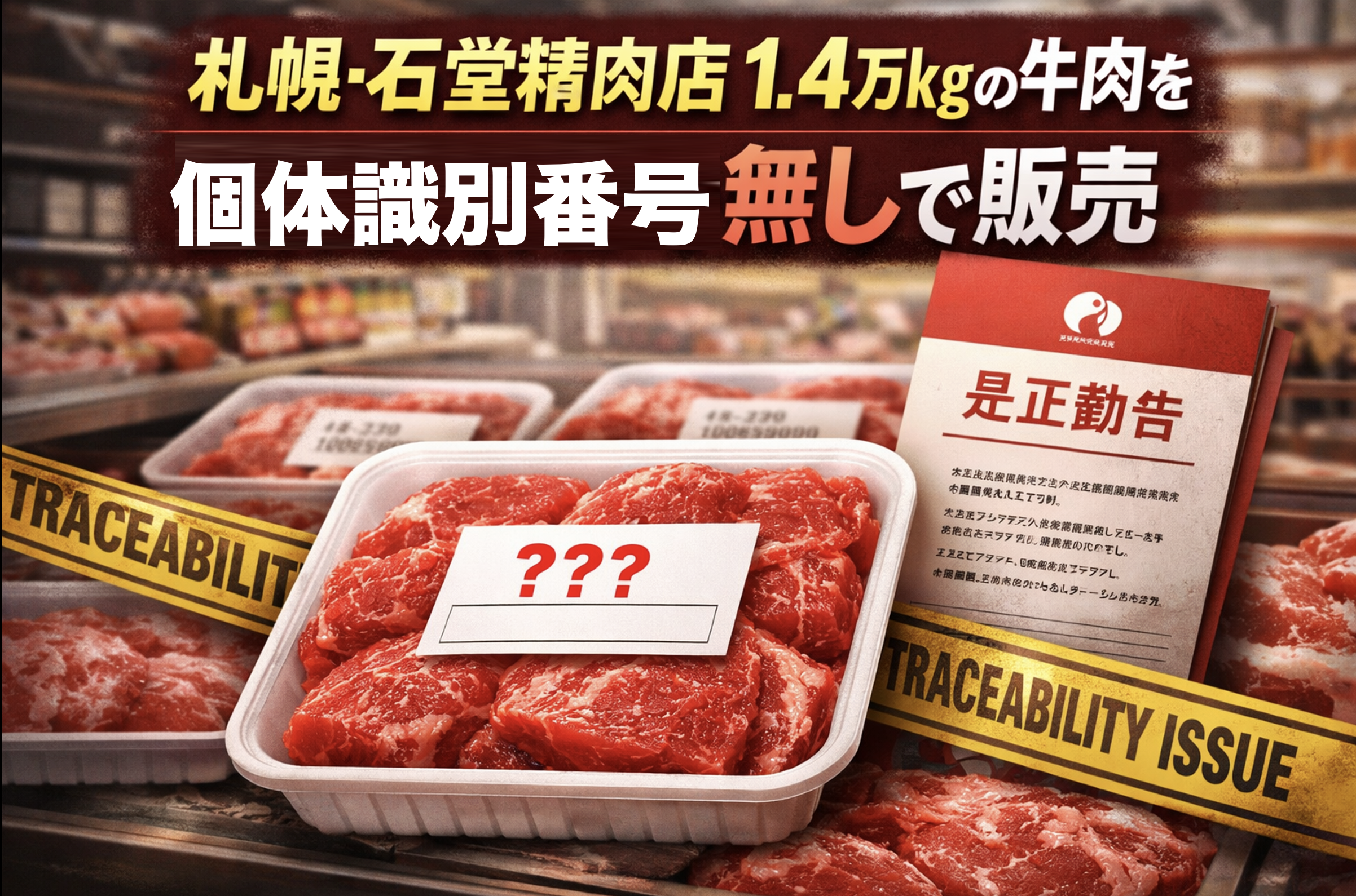 札幌・石堂精肉店で牛肉約1.4万kgが個体識別番号未表示で販売され、農水省が是正勧告を行った問題のイメージ