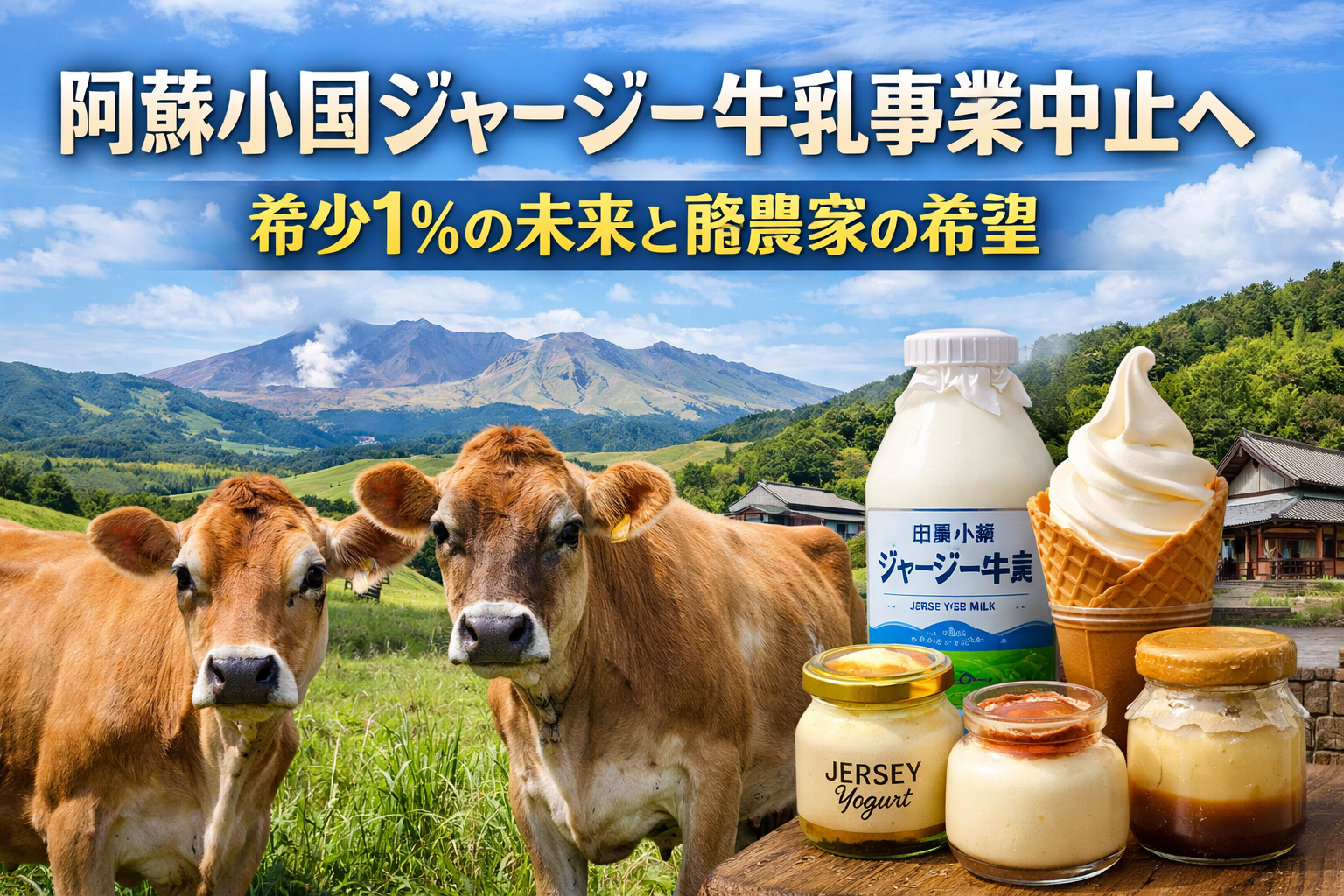 阿蘇小国ジャージー牛乳事業中止を伝えるアイキャッチ画像｜阿蘇のジャージー牛と乳製品