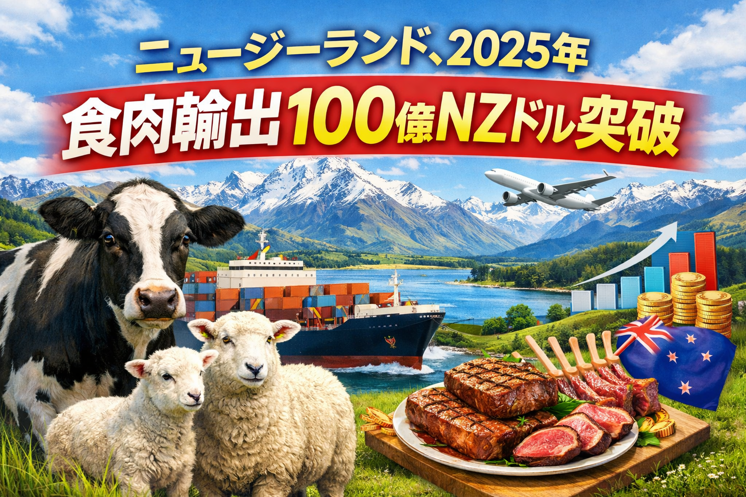 ニュージーランドの牛肉・羊肉輸出が2025年に過去最高の100億NZドルを突破したことを示すイメージ