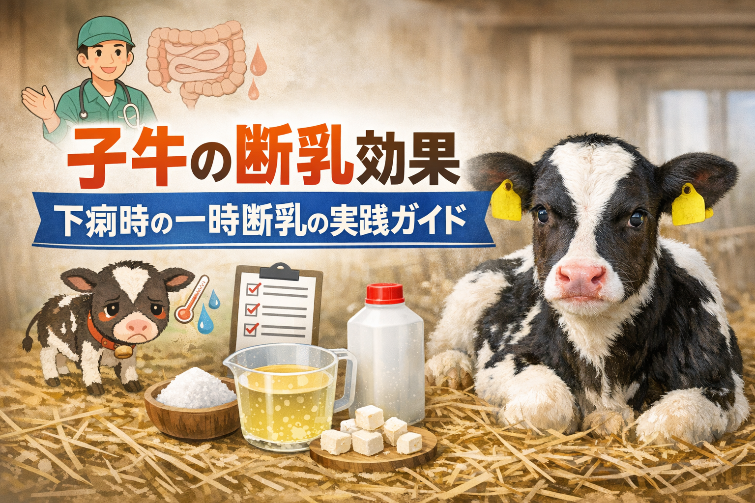 子牛の下痢時に行う一時断乳の判断基準と経口補液方法を解説した実務向けアイキャッチ画像