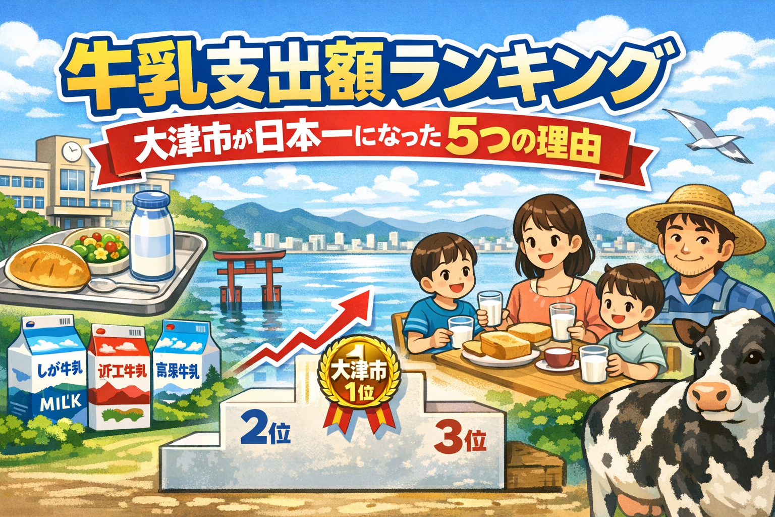 大津市が牛乳支出額日本一になった理由を解説するアイキャッチ画像｜学校給食・ご当地牛乳・朝食文化を図解
