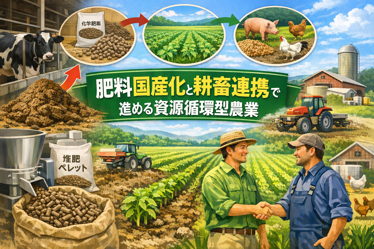 化学肥料高騰対策として家畜ふん尿を活用し、耕畜連携で肥料国産化を進める日本の農業現場のイメージ