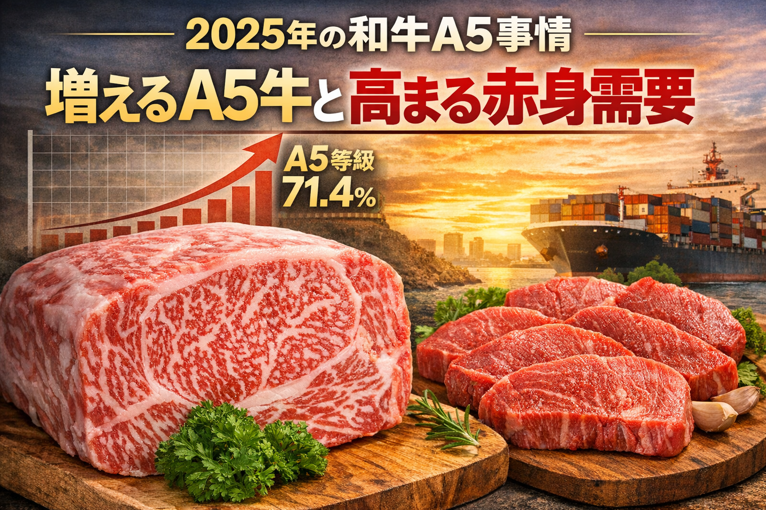 和牛A5等級が71.4%に増加｜霜降り改良と赤身需要の変化を示すイメージ