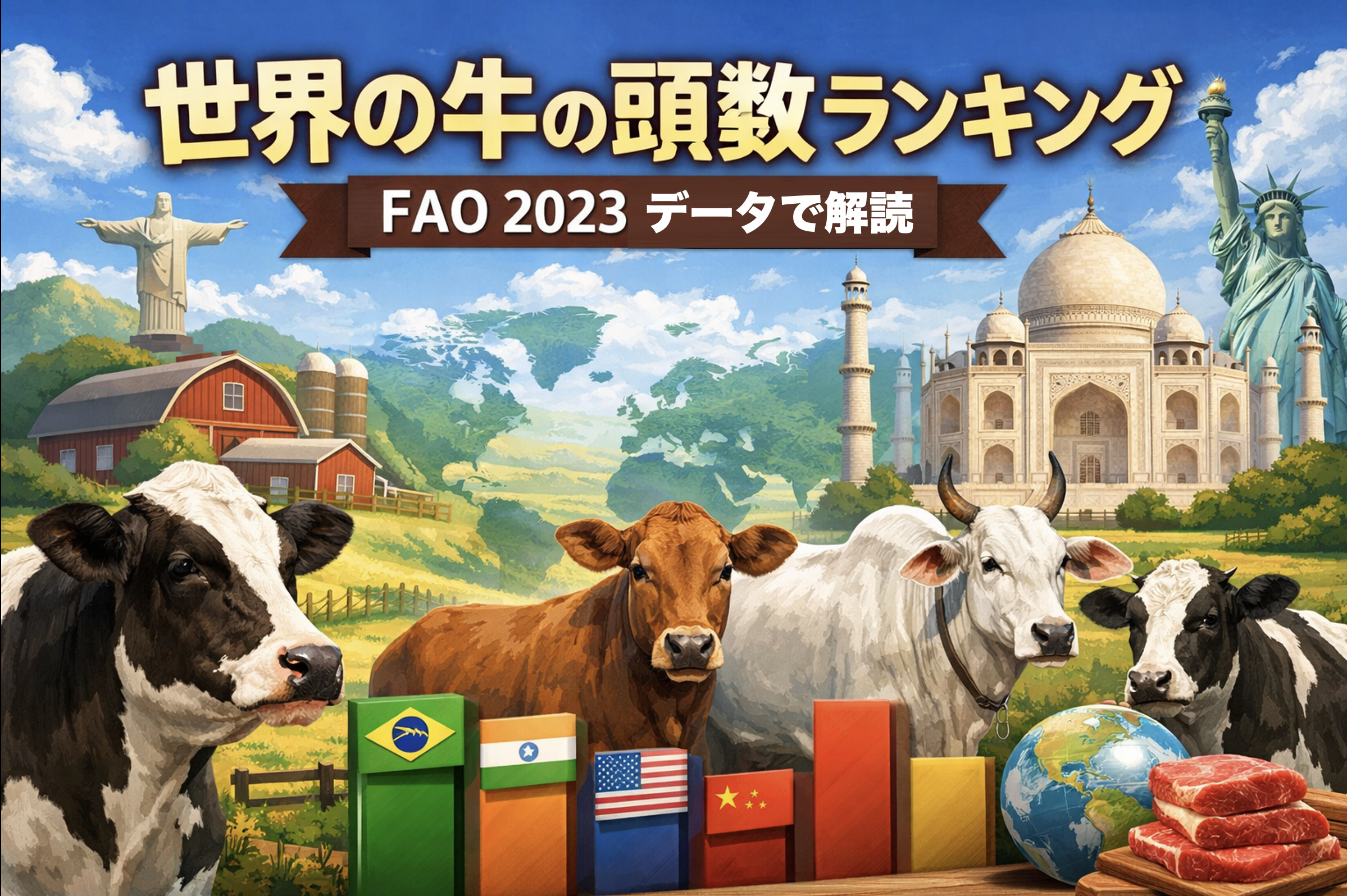 FAO2023データに基づく世界の牛の飼育頭数ランキングTOP10を示したアイキャッチ画像