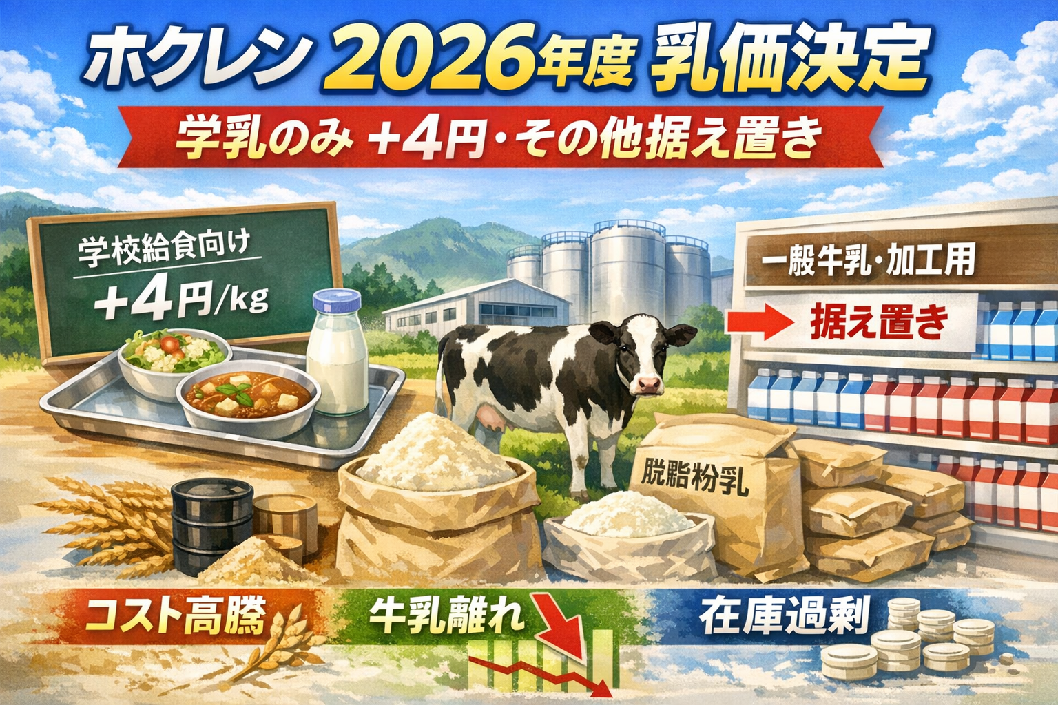ホクレン2026年度乳価決定、学乳のみ＋4円/kg・一般飲用と加工用は据え置きの概要図