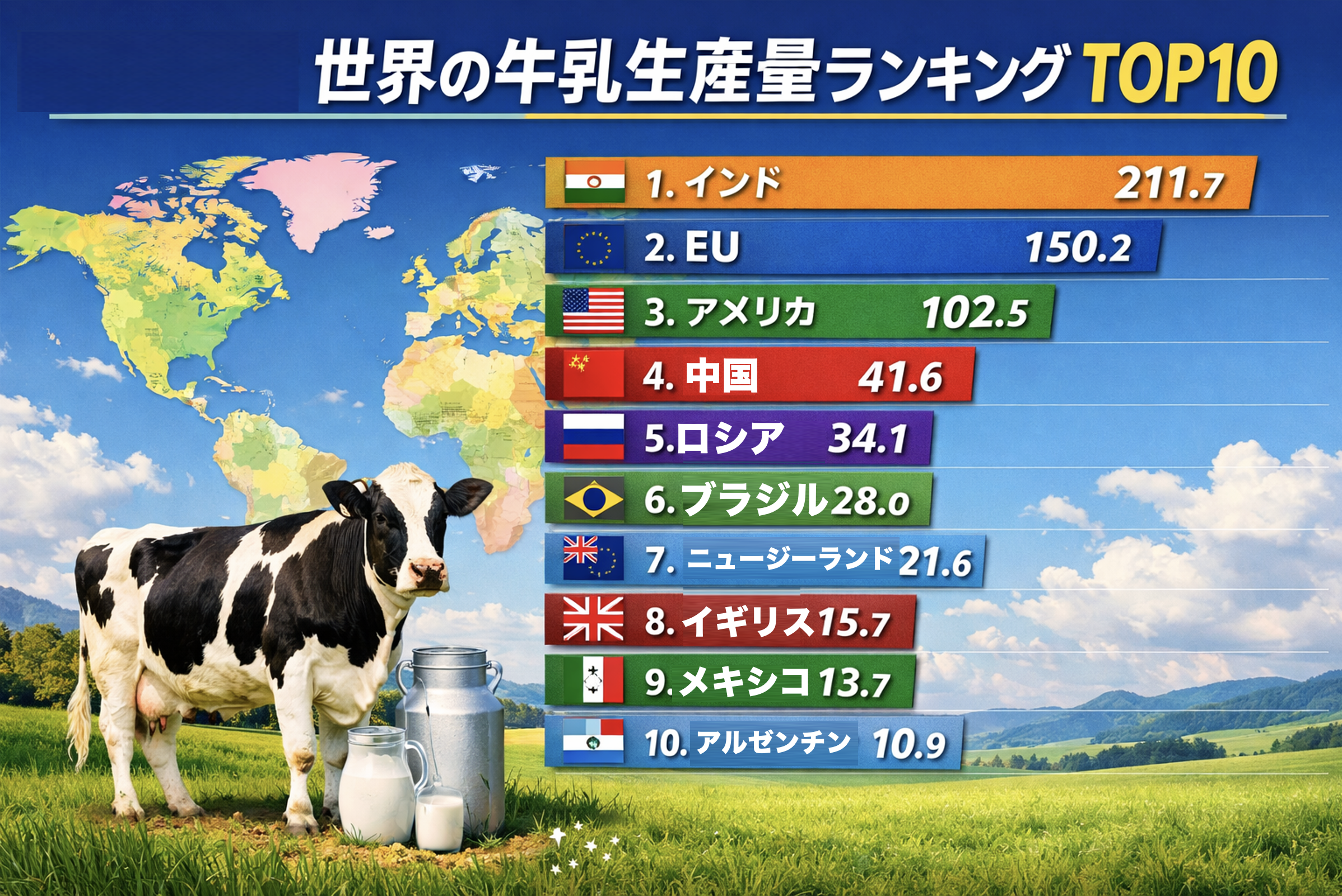 世界の牛乳生産量ランキングTOP10を国別に比較した図解｜2024年データ