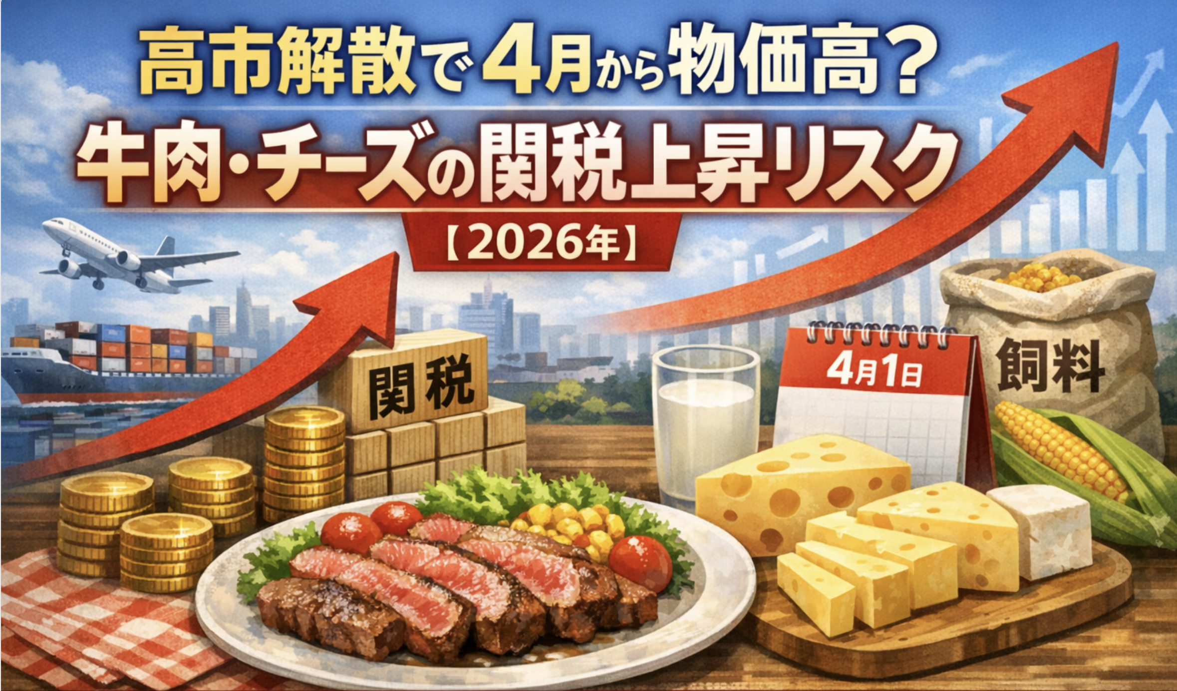 高市解散で関税上昇リスク、牛肉とチーズ価格への影響を解説する2026年の物価高イメージ