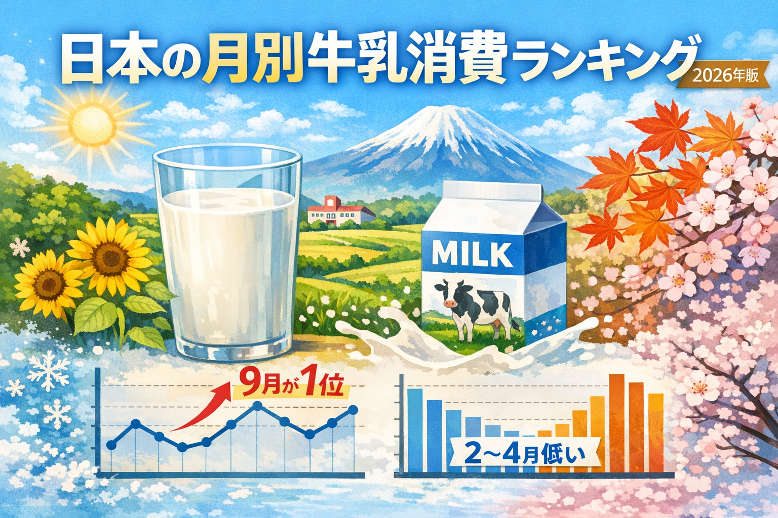 日本の月別牛乳消費ランキング（2026年版）｜9月が最多、2〜4月が低水準