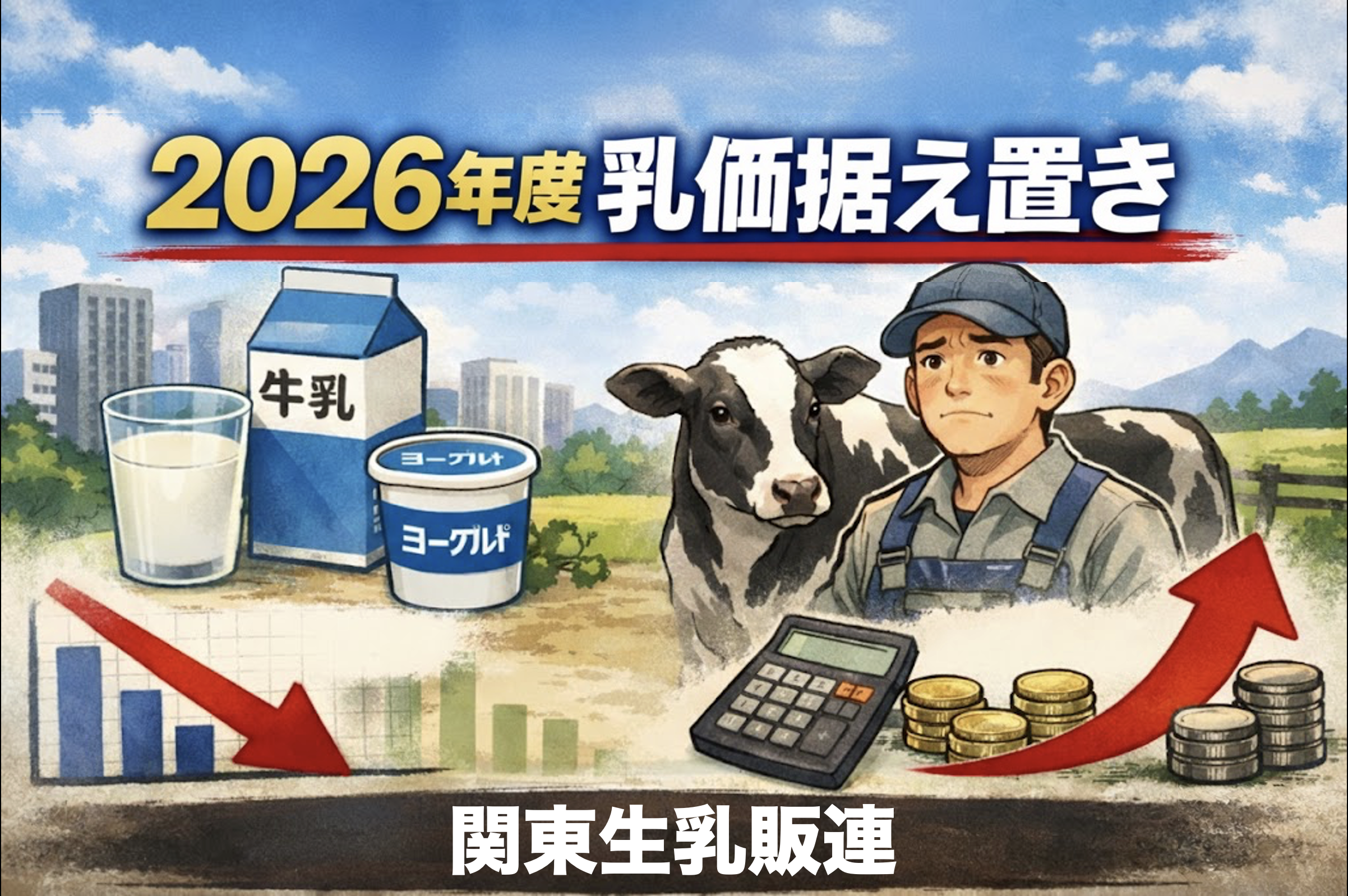 関東生乳販連が2026年度の飲用乳・発酵乳向け乳価を据え置き決定、需要低迷と生産コスト高を示すイメージ