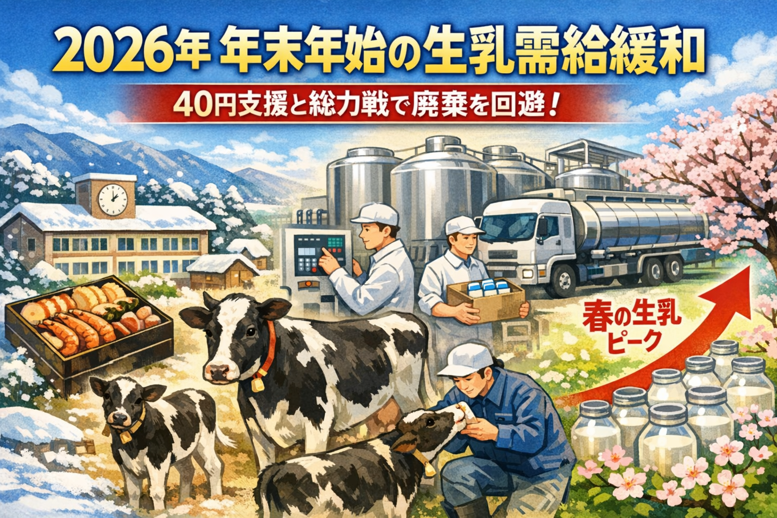 年末年始の生乳需給緩和と40円支援で廃棄を回避する酪農現場のイメージ