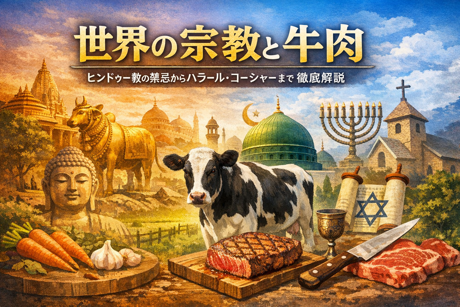 世界の宗教と牛肉の関係を解説するイメージ｜ヒンドゥー教・イスラム教・ユダヤ教と牛肉の禁忌と許可