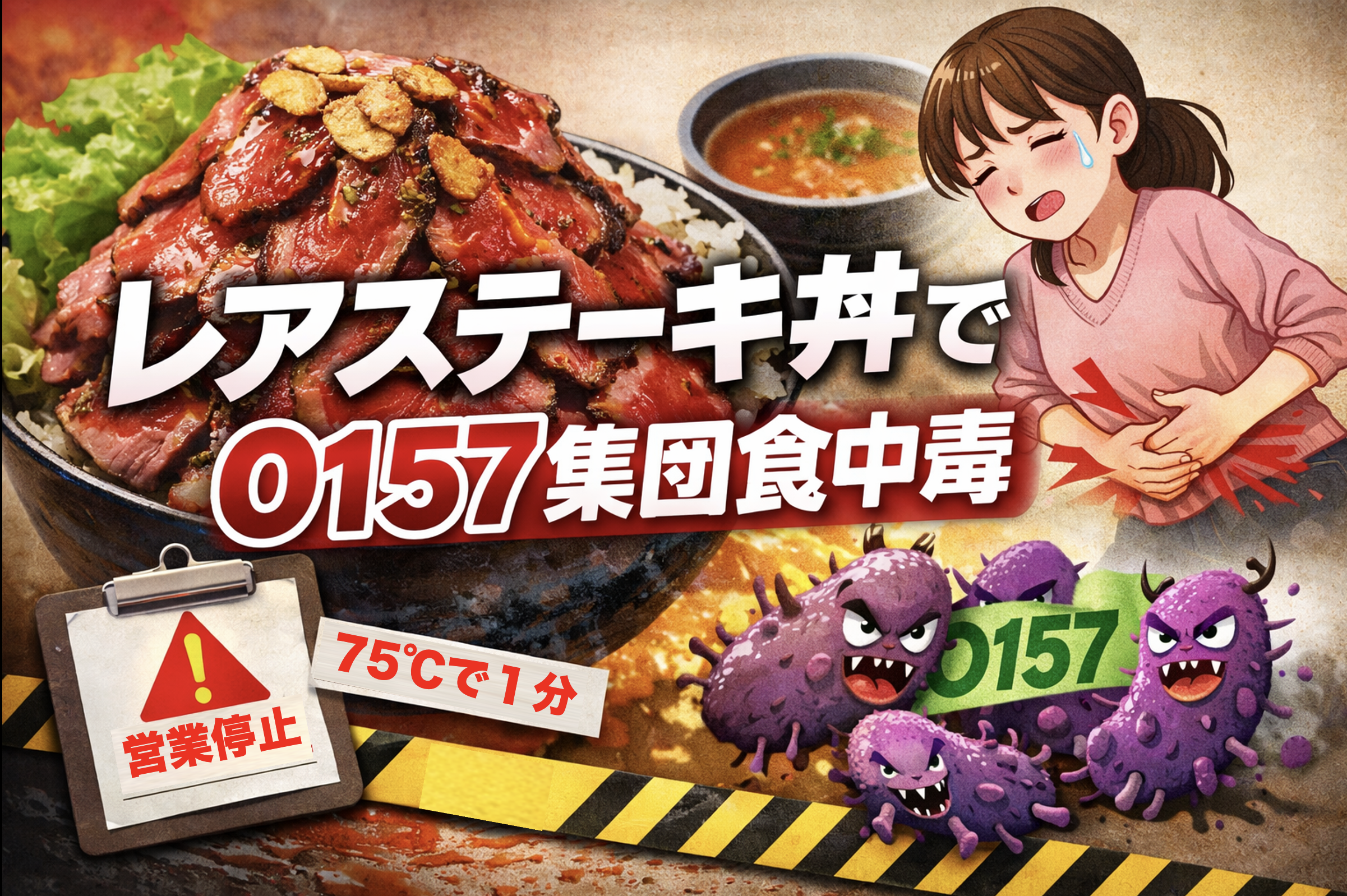 山口県周防大島のレアステーキ丼によるO157集団食中毒を伝える注意喚起イメージ