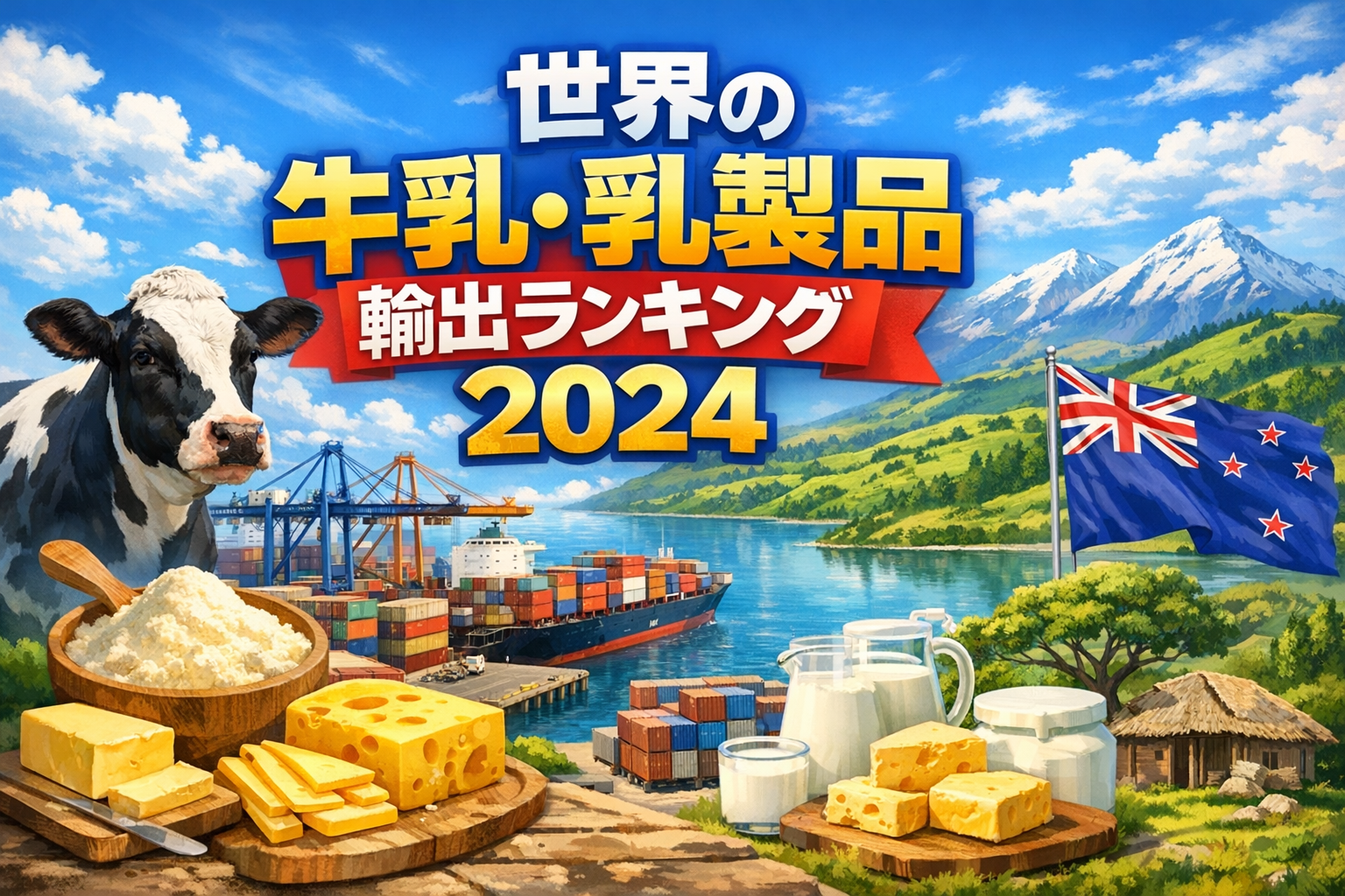 世界の牛乳・乳製品輸出ランキング2024を示すイメージ（ニュージーランド・粉乳・チーズ・国際貿易）