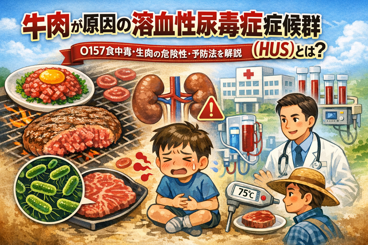 牛肉が原因の溶血性尿毒症症候群（HUS）とO157食中毒の危険性を解説するイラスト