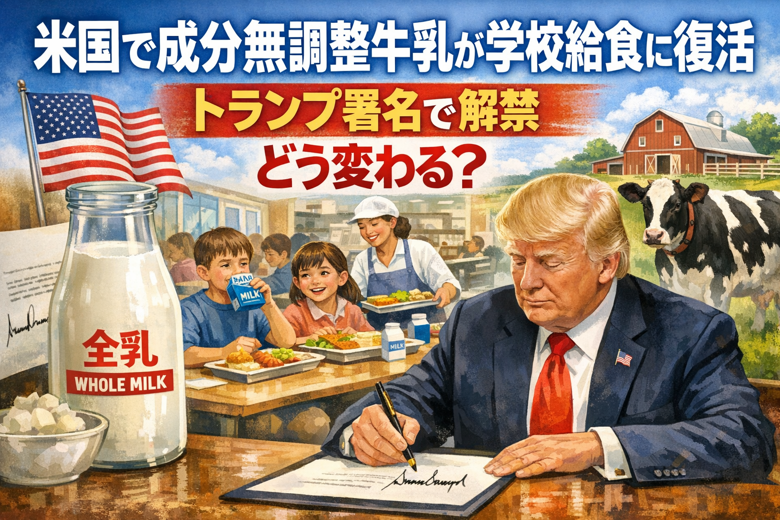 米国で成分無調整牛乳が学校給食に復活、トランプ大統領の署名で全乳と2％牛乳が解禁されたニュースのイメージ