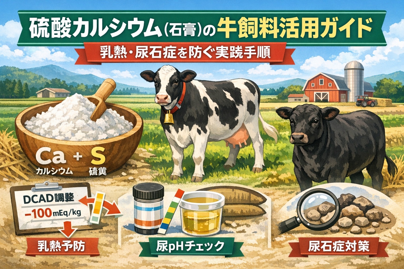 硫酸カルシウム（石膏）を牛飼料に活用し、乳熱と尿石症を予防する方法を解説した図解イラスト