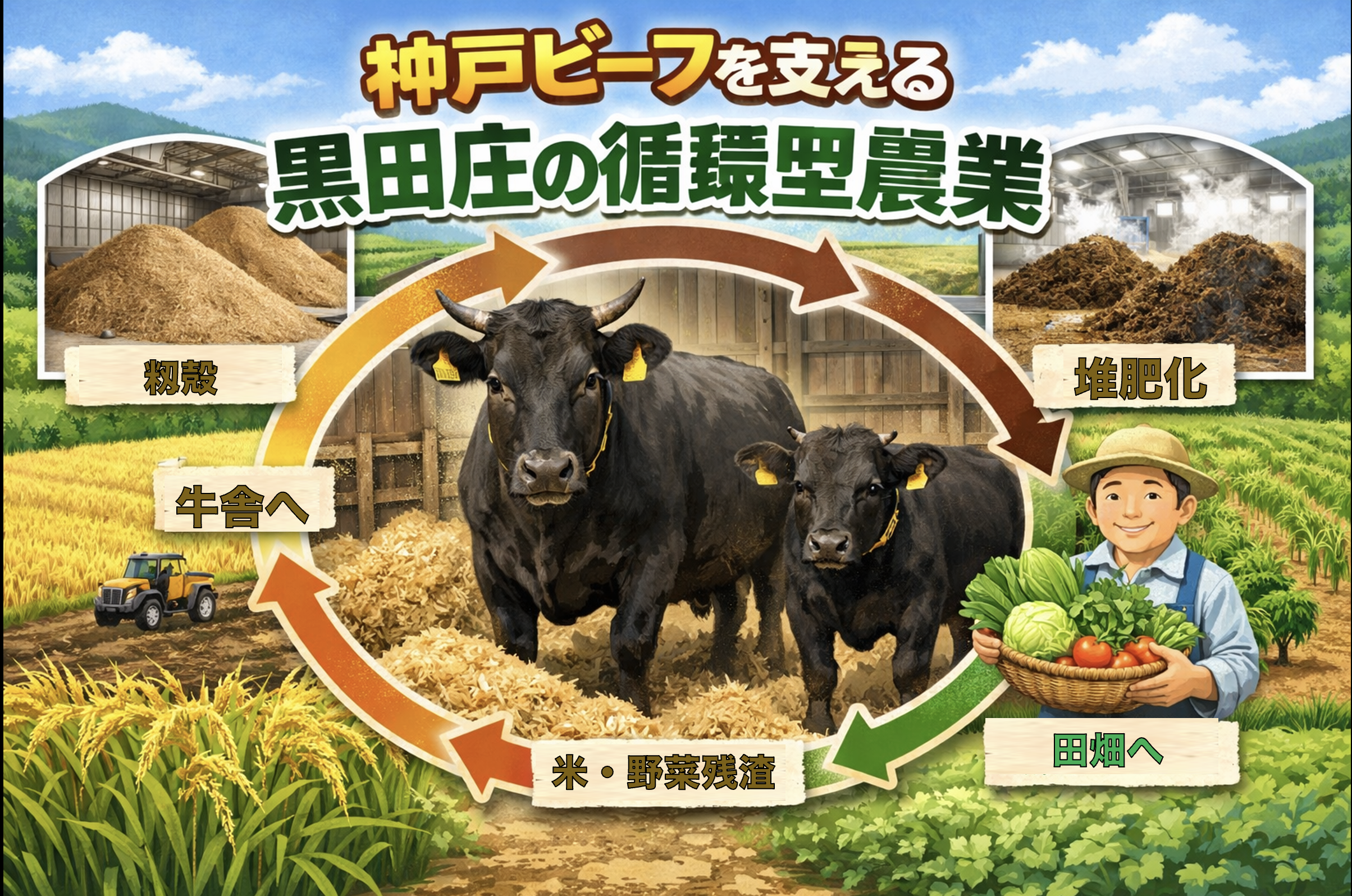 神戸ビーフを支える黒田庄の循環型農業の仕組み｜もみ殻と牛ふんを活用した堆肥循環