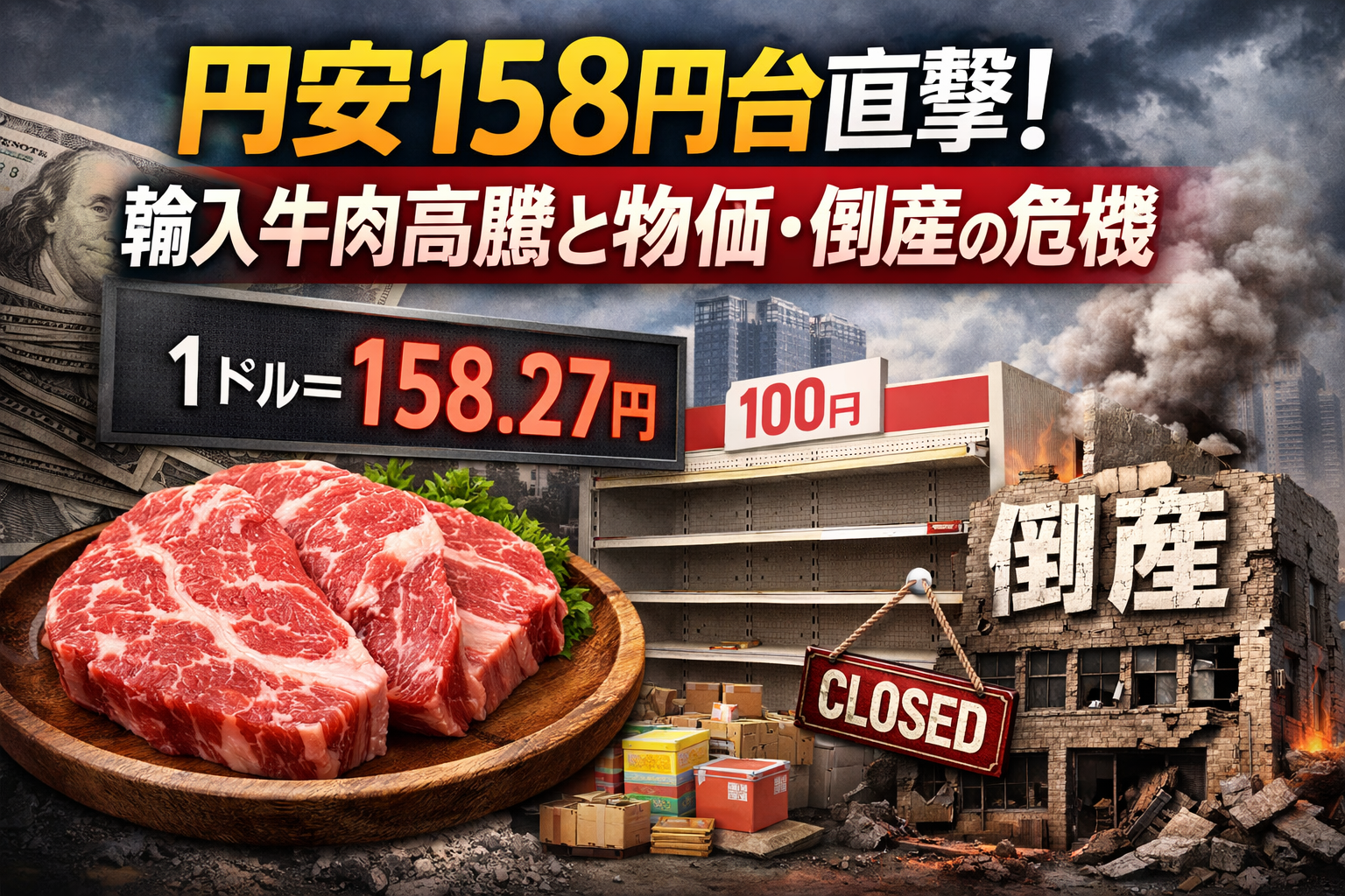 円安158円台で輸入牛肉が高騰し、100円ショップや企業倒産が増える影響を示した図解