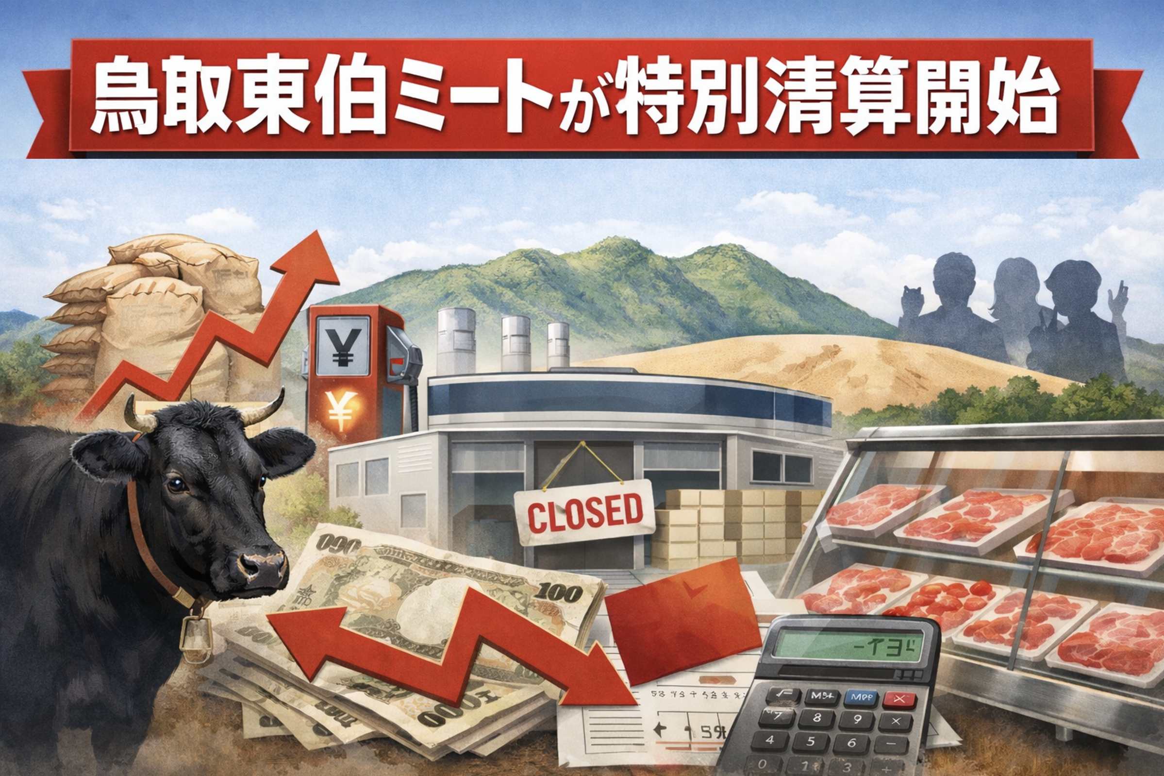 鳥取東伯ミートの特別清算開始を伝えるイメージ画像｜負債3.9億円と飼料高騰で食肉加工業が直面する経営危機