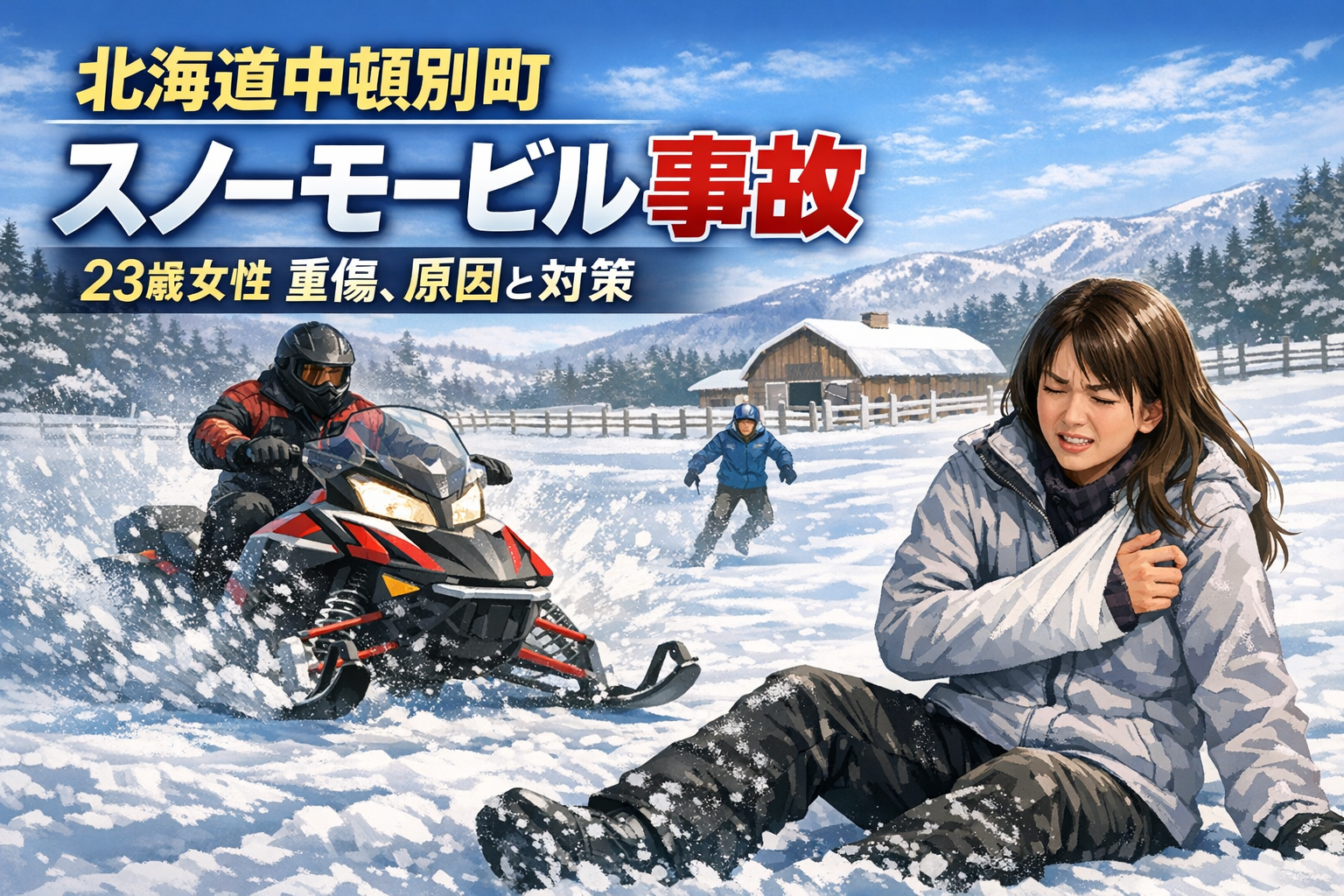北海道中頓別町の牧場で発生したスノーモービル事故のイメージ、23歳女性が重傷
