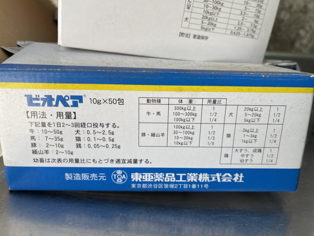 ビオペアの容量と用法を示した動物用消化機能改善剤の投与イメージ