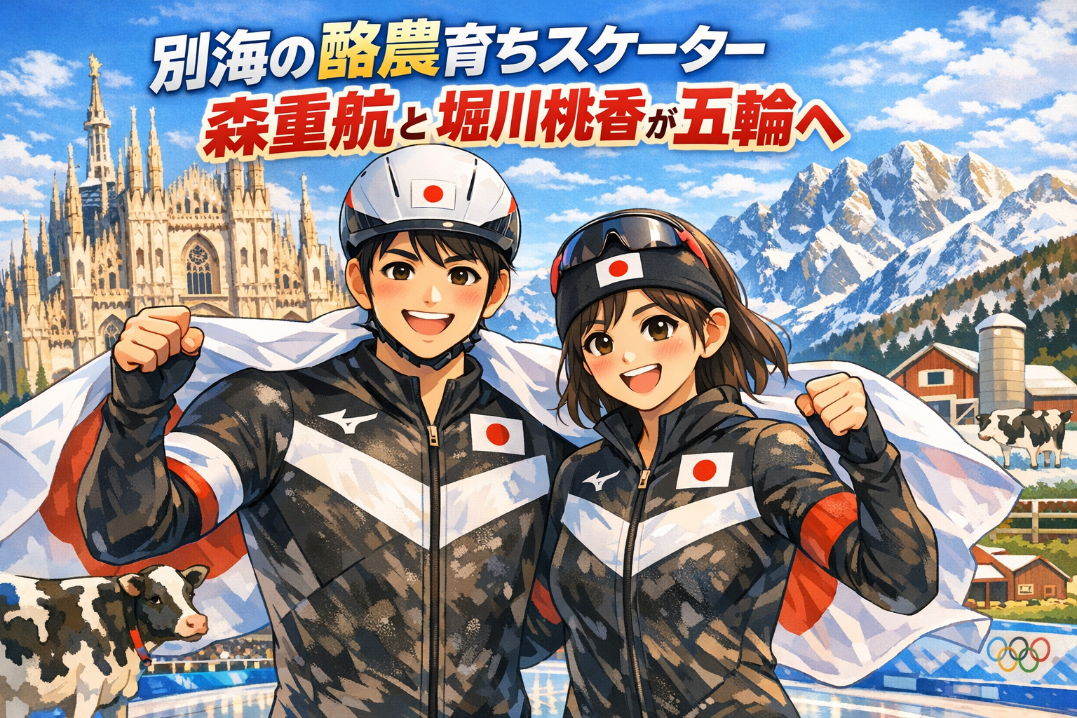 別海と大樹の酪農育ちスピードスケーター森重航と堀川桃香がミラノ・コルティナ2026五輪に挑むイラスト