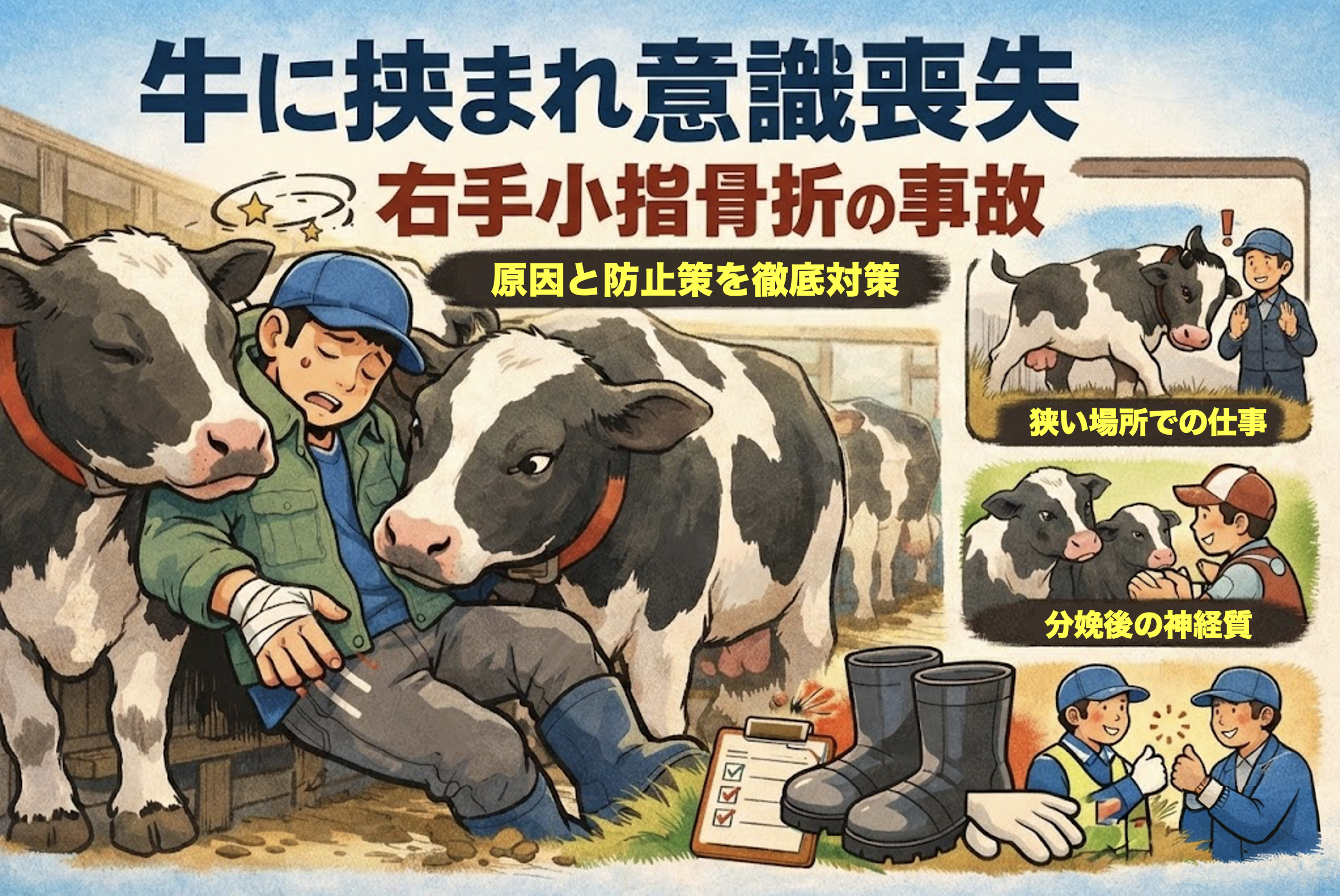 牛に挟まれて負傷した牧場作業員の事故イラスト｜北海道鹿追町で発生した酪農現場の労働災害
