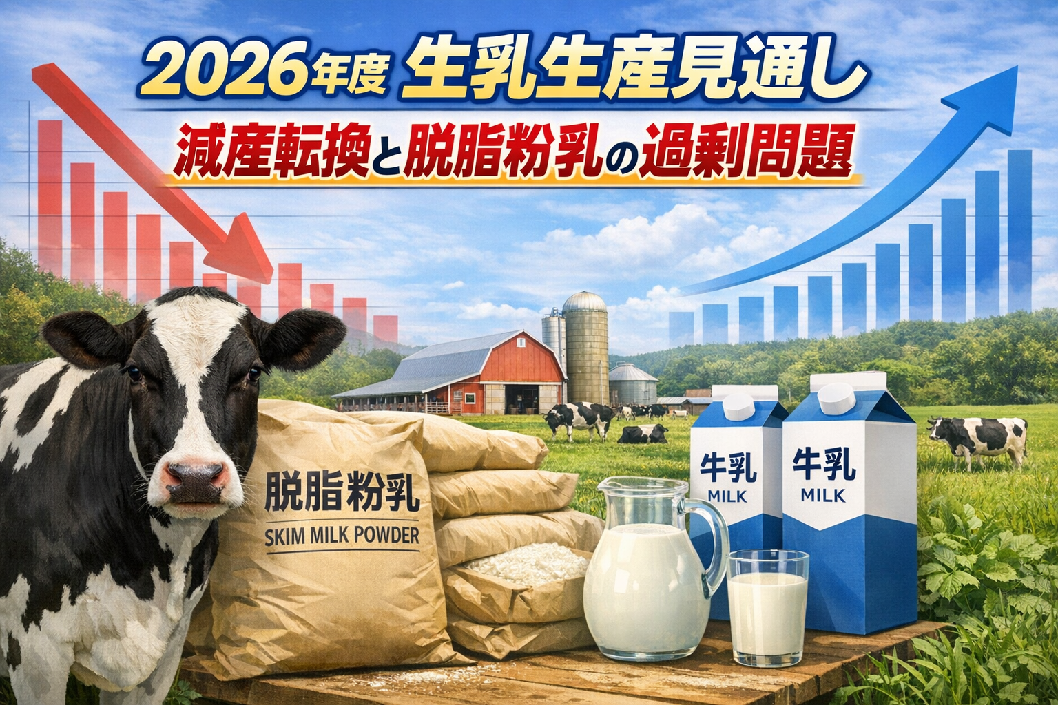 2026年度の生乳生産見通しを示す図解。生乳生産725万トンへの減少予測と、脱脂粉乳在庫11万トン規模の過剰リスクを解説したアイキャッチ画像