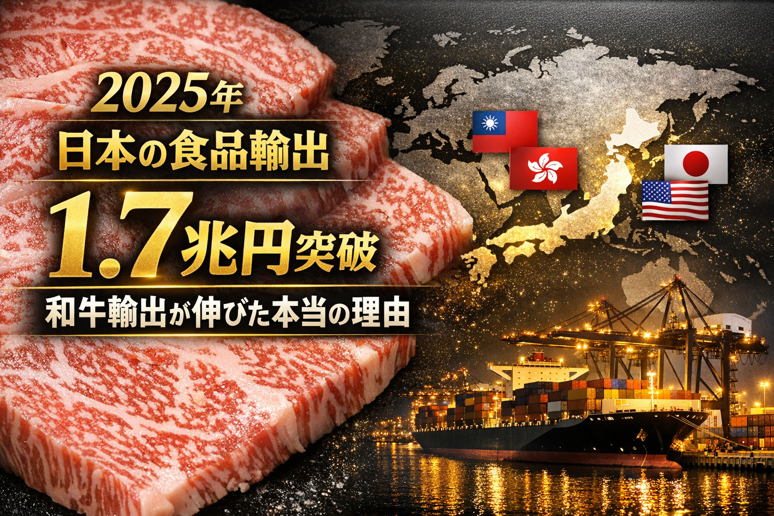 2025年に日本の農林水産物・食品輸出が1.7兆円に達し、和牛輸出が米国・台湾・香港向けに拡大していることを解説したアイキャッチ画像