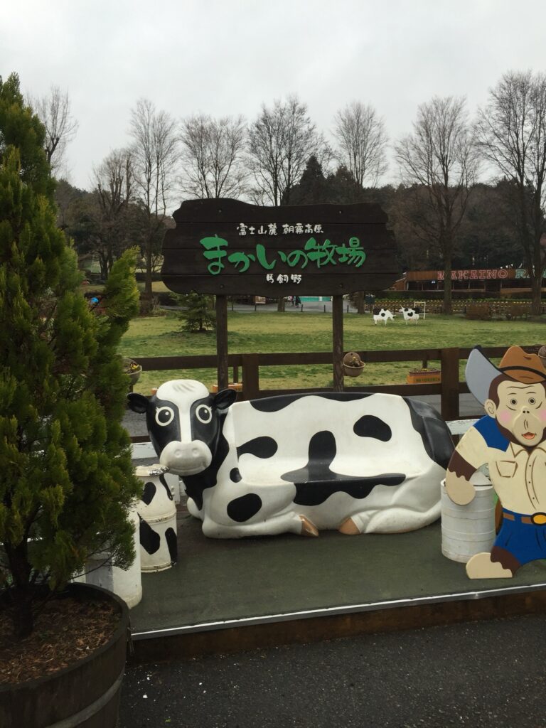 富士宮市 まかいの牧場に設置された牛型ベンチ