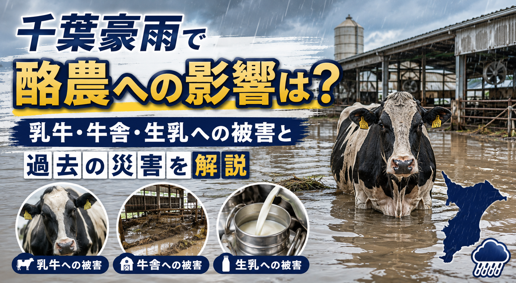 千葉豪雨による酪農への影響を示す浸水した牛舎と乳牛、生乳被害のイメージ