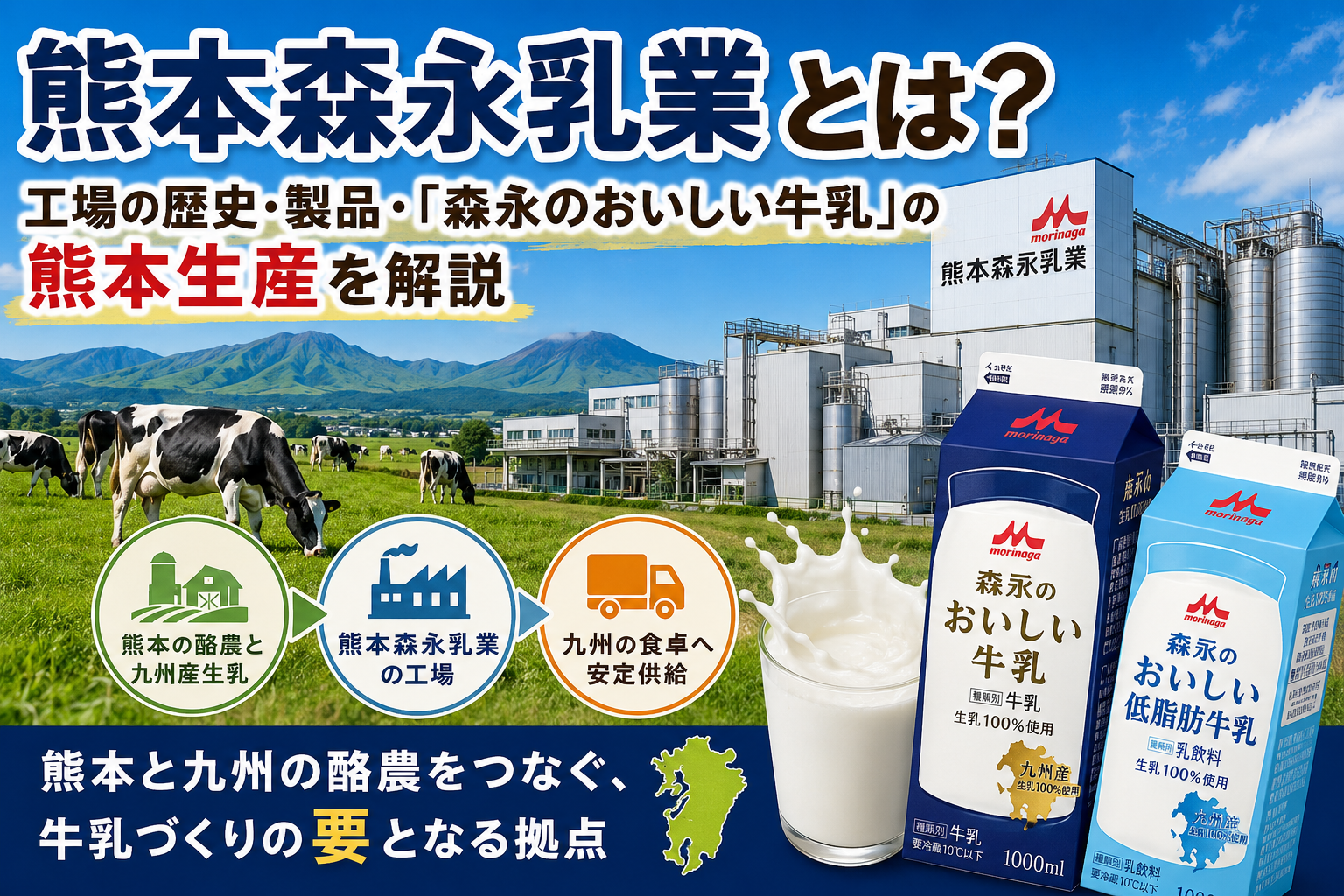 熊本森永乳業の工場と熊本の酪農、九州産生乳を使用した森永のおいしい牛乳