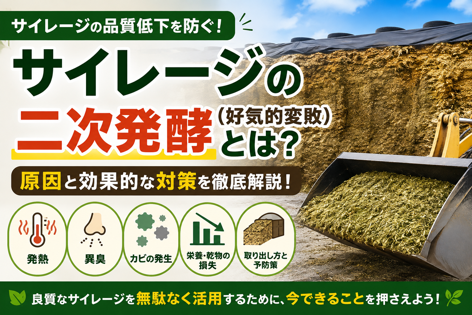 サイレージの二次発酵（好気的変敗）の原因と対策を解説するアイキャッチ画像