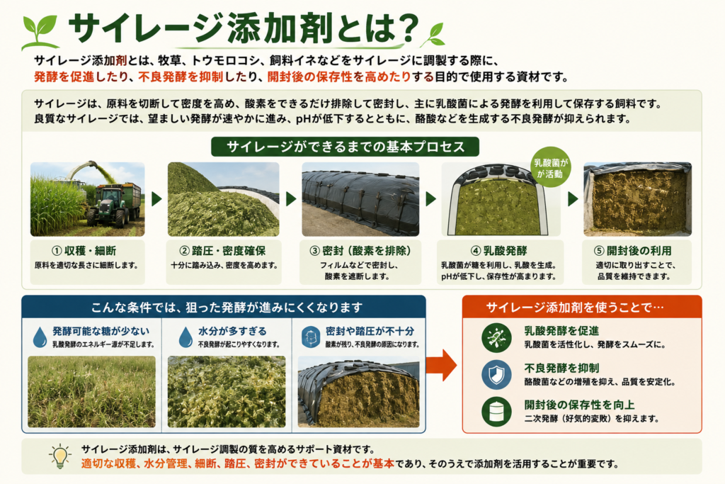alt="サイレージ添加剤とは？乳酸発酵や不良発酵抑制、保存性向上の仕組みを図解"