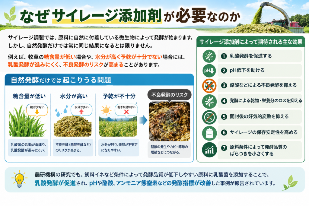なぜサイレージ添加剤が必要なのかを解説｜乳酸発酵促進や不良発酵抑制など7つの効果