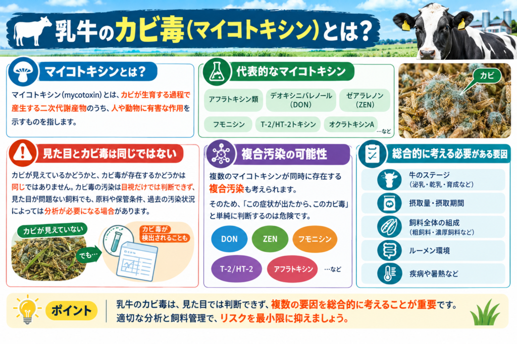 乳牛のカビ毒（マイコトキシン）とは？代表的な種類と複合汚染、飼料管理のポイントを図解