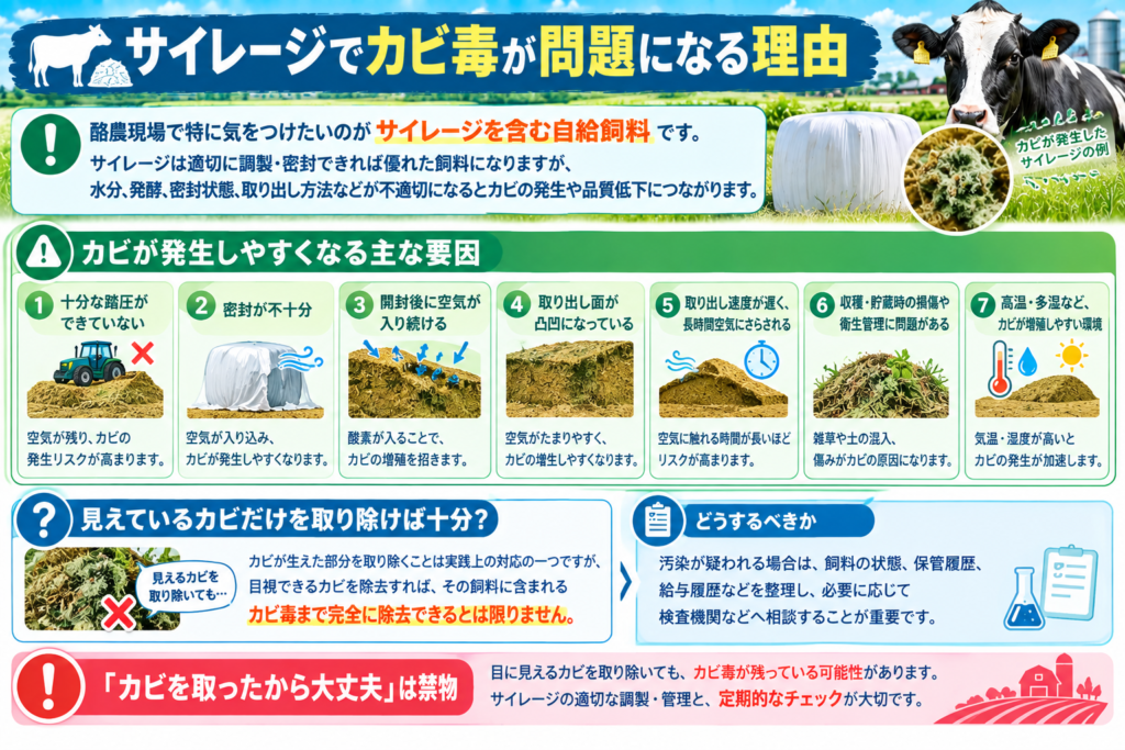 サイレージでカビ毒が問題になる理由｜カビが発生しやすい要因とカビ毒対策を図解