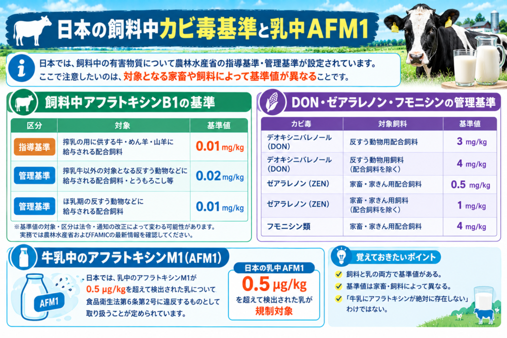 日本の飼料中カビ毒基準と乳中AFM1を解説｜アフラトキシンB1・DON・ゼアラレノン・フモニシンの基準値