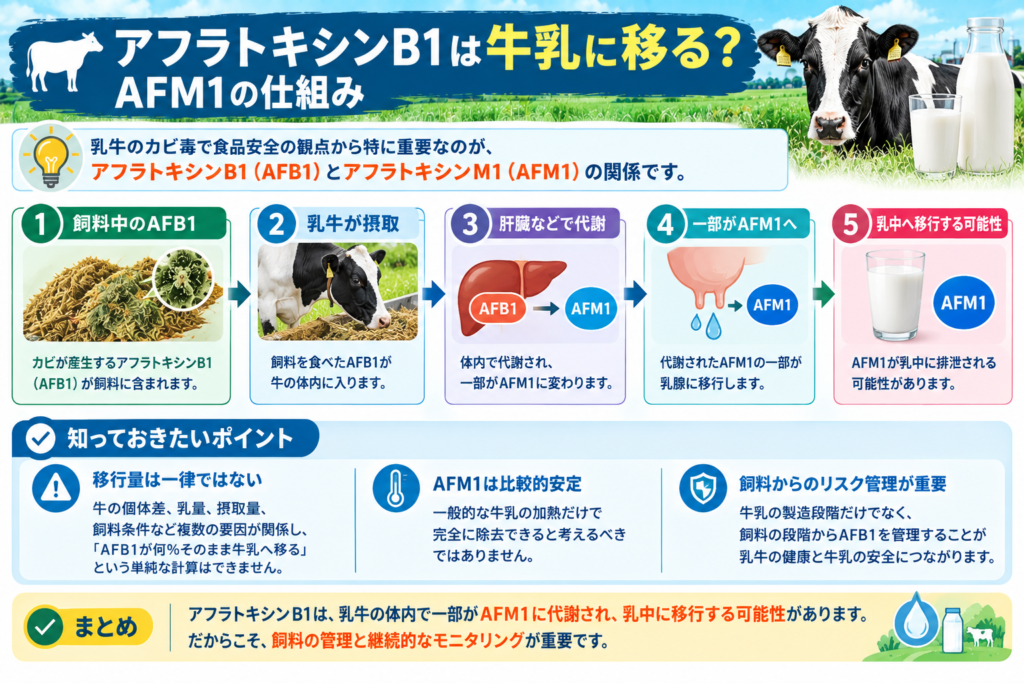 アフラトキシンB1（AFB1）は牛乳に移る？AFM1への代謝と乳中移行の仕組みを図解