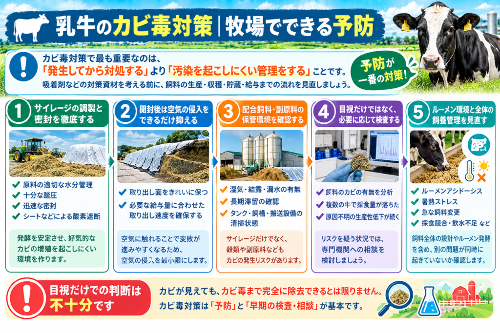 乳牛のカビ毒対策と牧場でできる予防方法を解説｜サイレージ管理・飼料保管・検査・ルーメン環境のポイント