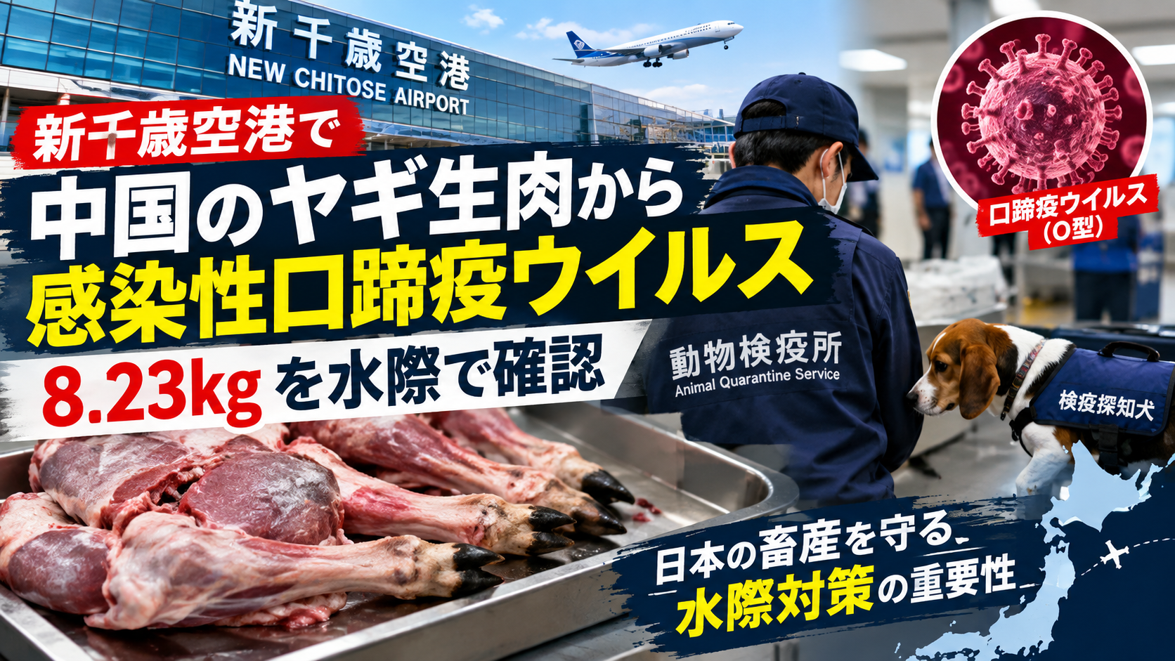 新千歳空港で中国から持ち込まれたヤギ生肉から感染性口蹄疫ウイルスO型が確認された水際検疫の様子